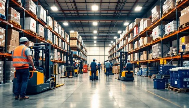 Operador conduzindo equipamento de transporte interno em armazém industrial organizado com empilhadeiras e paletes