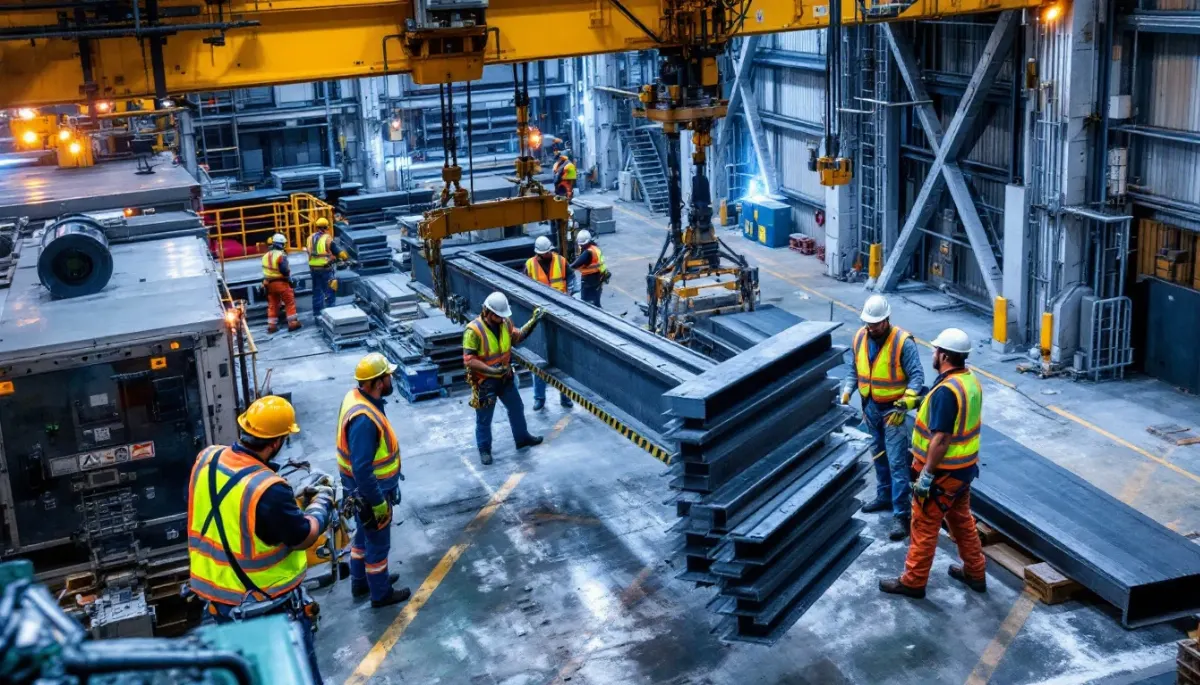 Trabalhadores operando equipamento de transporte vertical em canteiro de obras moderno com medidas de segurança visíveis