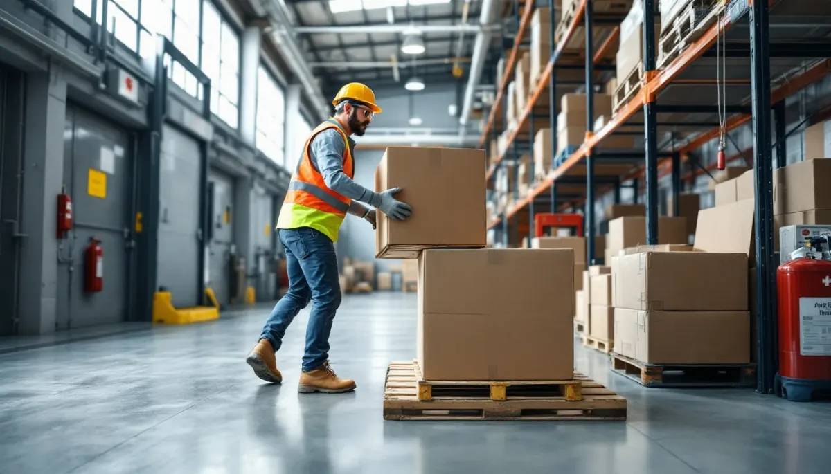 Trabalhador transportando carga com postura ergonômica adequada em ambiente industrial bem iluminado