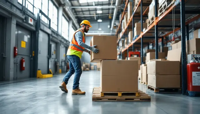 Trabalhador transportando carga com postura ergonômica adequada em ambiente industrial bem iluminado