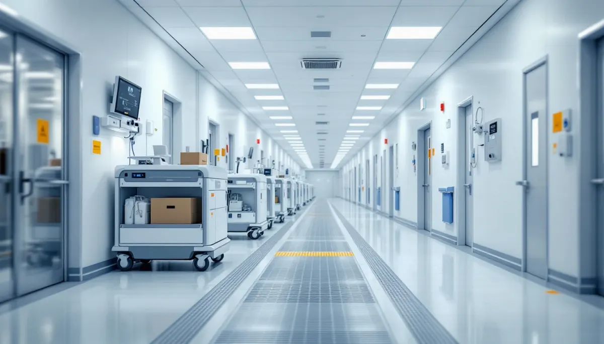 Corredor hospitalar moderno com sistema de transporte de materiais separado do fluxo de pessoas