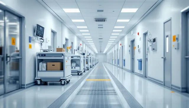 Corredor hospitalar moderno com sistema de transporte de materiais separado do fluxo de pessoas