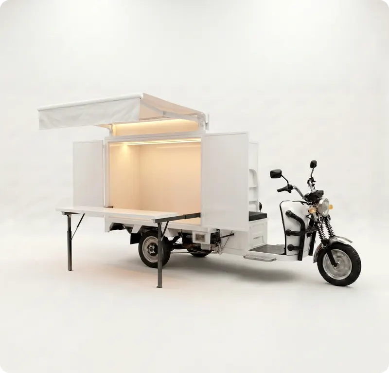 Mini food truck elétrico aberto, com balcão