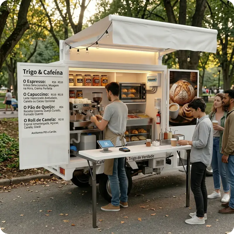 Mini food truck elétrico em operação profissional
