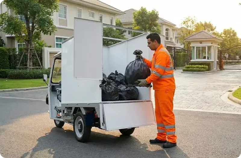 Funcionário de condomínio carregando sacos de lixo na caçamba de um triciclo elétrico de carga